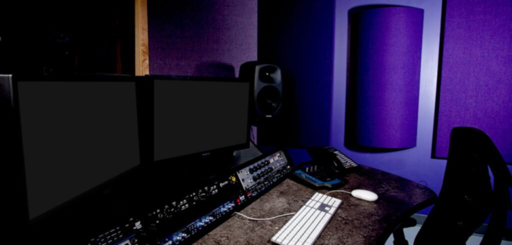 HDMG Audio Post Room with purple Curve Diffusors