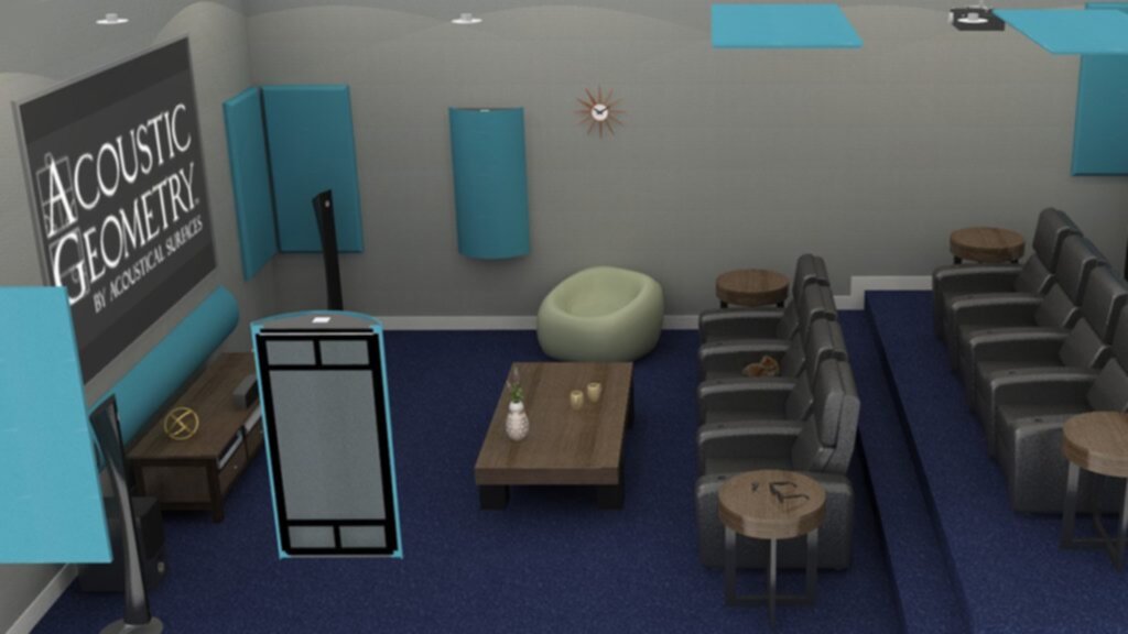 A mock up image of a residential home theatre equipped with Acoustic Geometry paneling and equipment